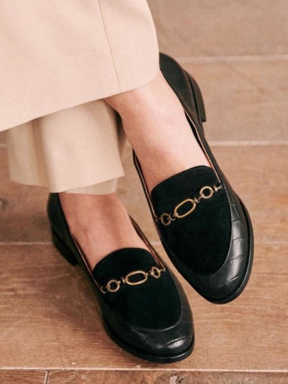 Sezane Black Suede & Croc-Embossed Leather Loafers